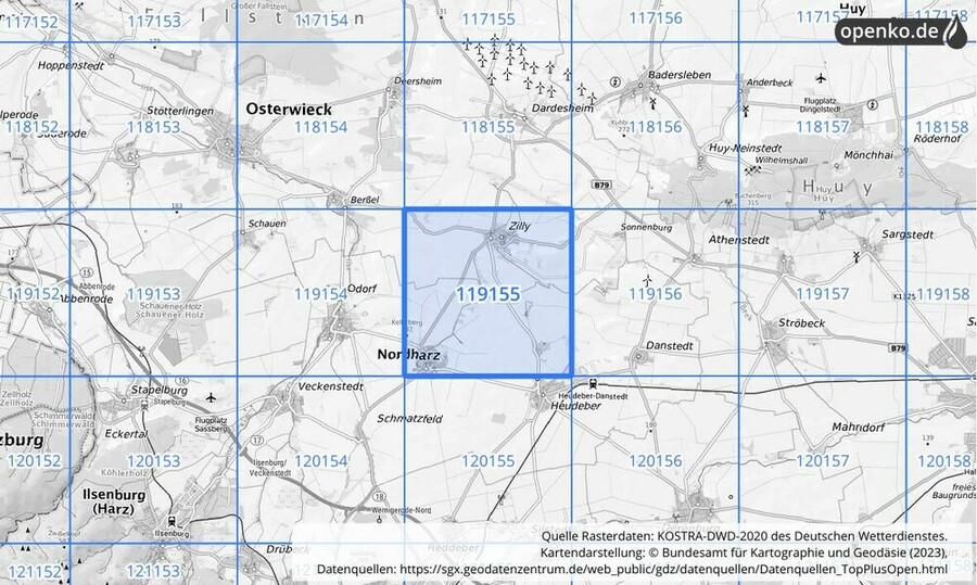 Übersichtskarte des KOSTRA-DWD-2020-Rasterfeldes Nr. 119155