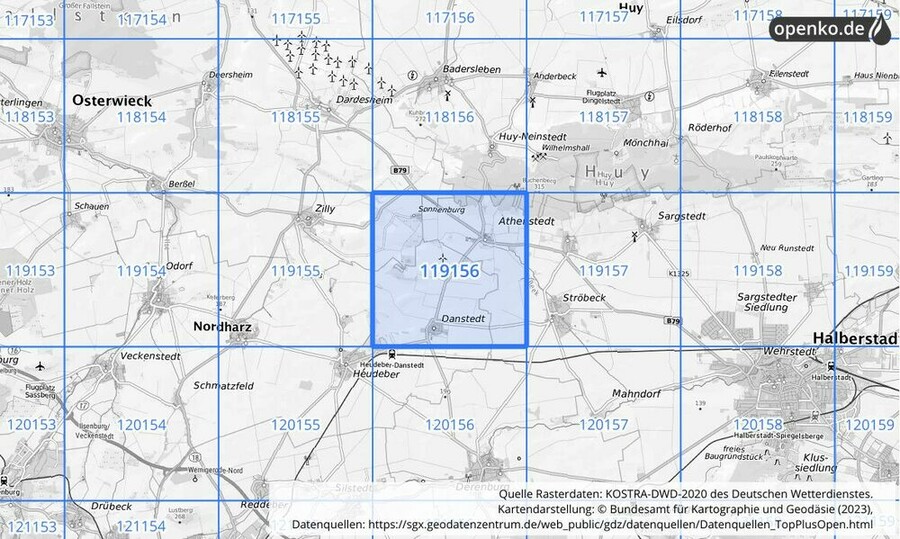 Übersichtskarte des KOSTRA-DWD-2020-Rasterfeldes Nr. 119156