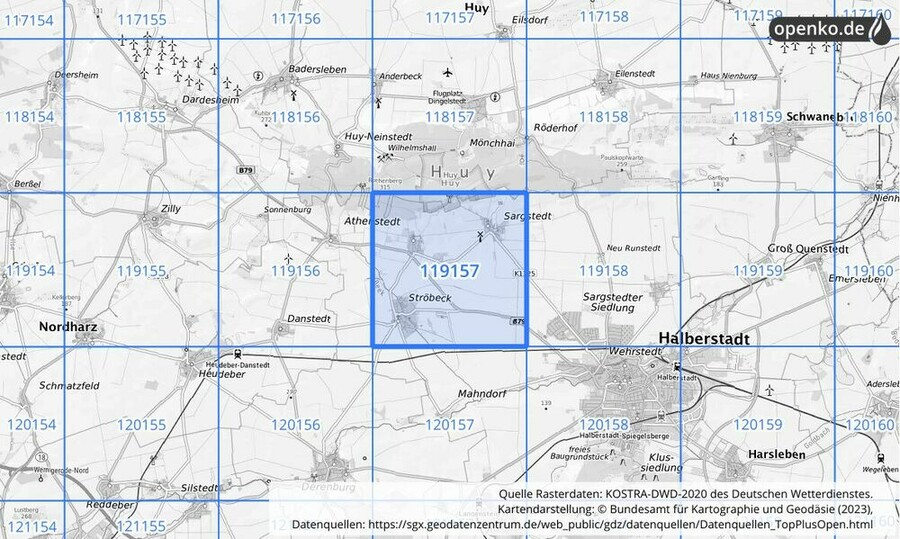 Übersichtskarte des KOSTRA-DWD-2020-Rasterfeldes Nr. 119157