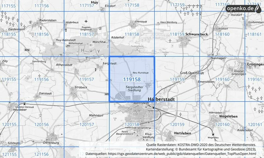 Übersichtskarte des KOSTRA-DWD-2020-Rasterfeldes Nr. 119158