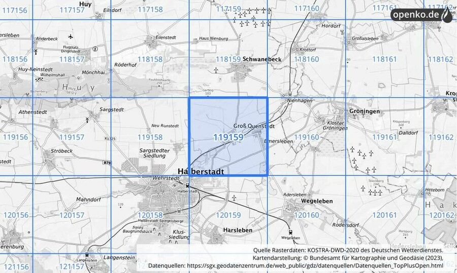 Übersichtskarte des KOSTRA-DWD-2020-Rasterfeldes Nr. 119159