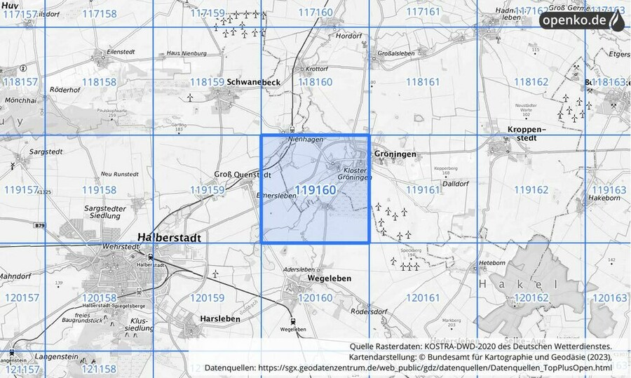 Übersichtskarte des KOSTRA-DWD-2020-Rasterfeldes Nr. 119160