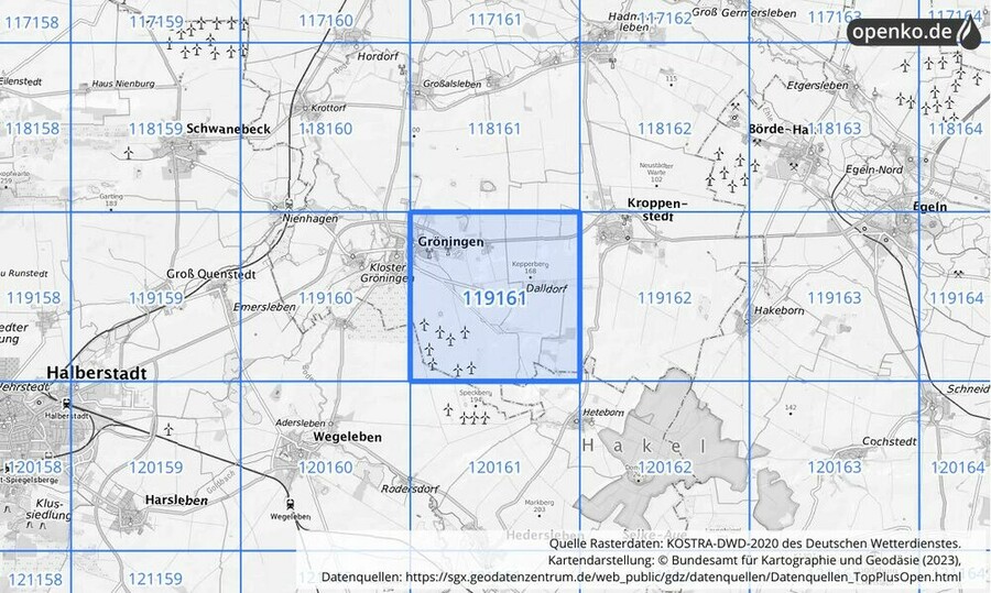 Übersichtskarte des KOSTRA-DWD-2020-Rasterfeldes Nr. 119161