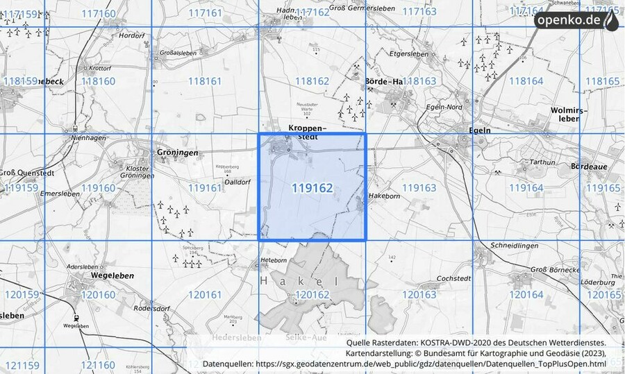 Übersichtskarte des KOSTRA-DWD-2020-Rasterfeldes Nr. 119162