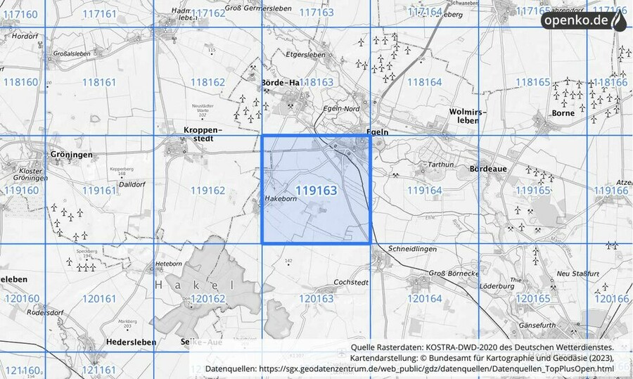 Übersichtskarte des KOSTRA-DWD-2020-Rasterfeldes Nr. 119163