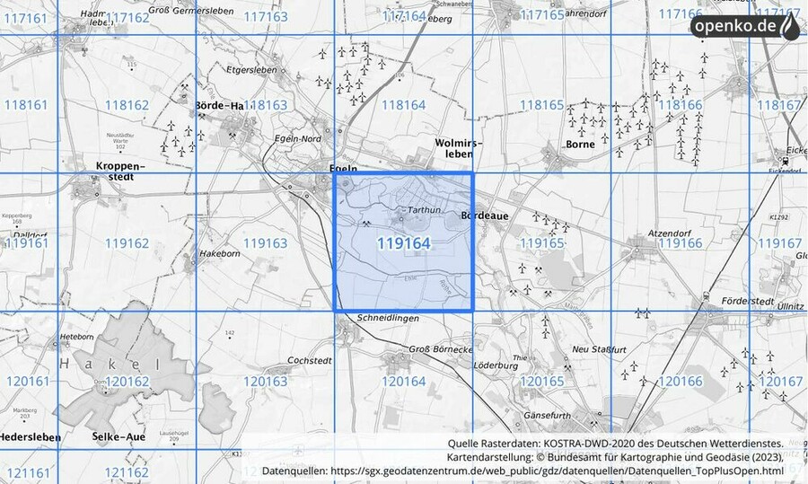 Übersichtskarte des KOSTRA-DWD-2020-Rasterfeldes Nr. 119164