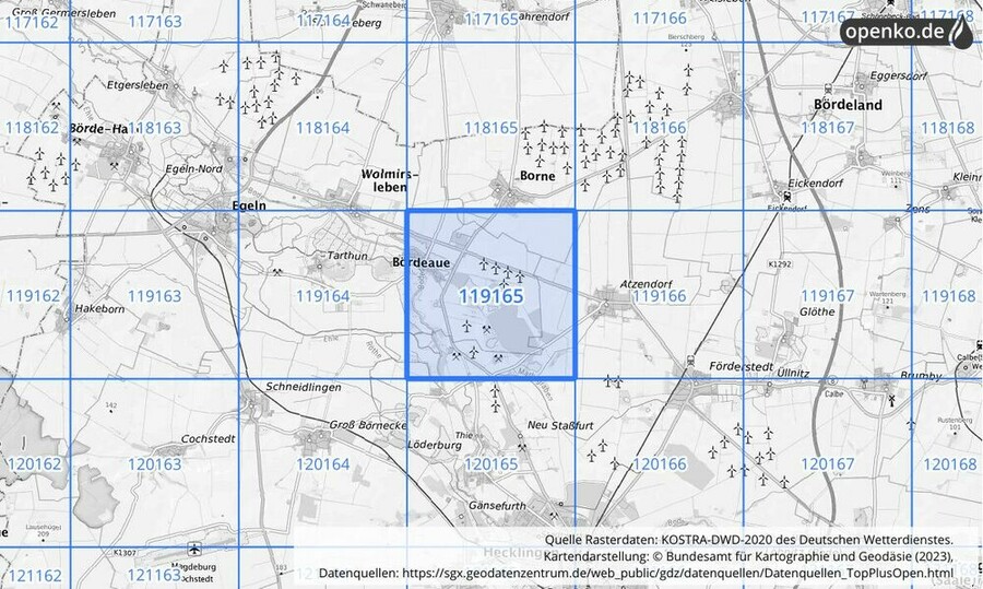 Übersichtskarte des KOSTRA-DWD-2020-Rasterfeldes Nr. 119165