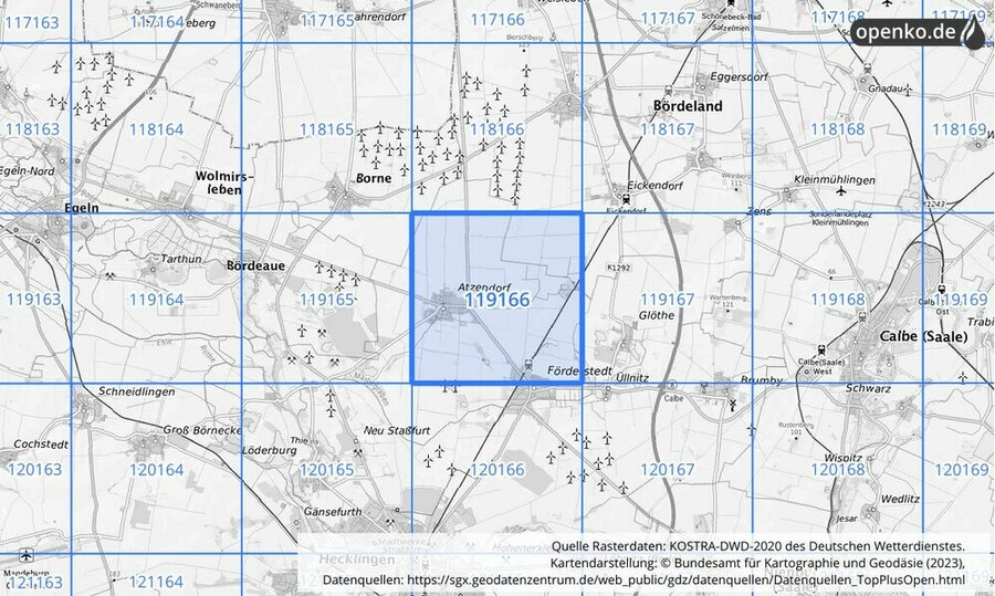 Übersichtskarte des KOSTRA-DWD-2020-Rasterfeldes Nr. 119166