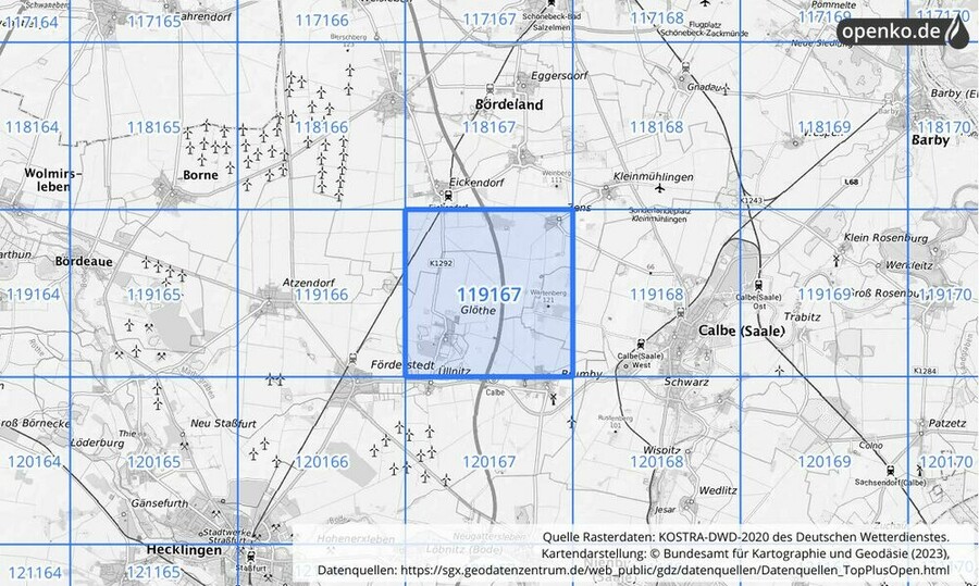 Übersichtskarte des KOSTRA-DWD-2020-Rasterfeldes Nr. 119167