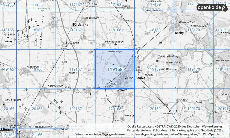 Übersichtskarte des KOSTRA-DWD-2020-Rasterfeldes Nr. 119168