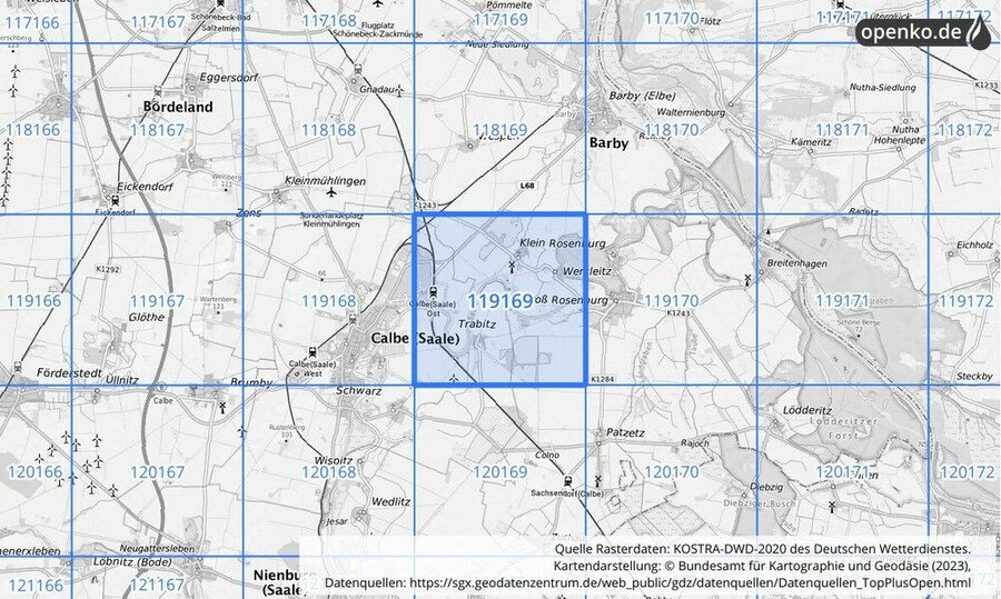 Übersichtskarte des KOSTRA-DWD-2020-Rasterfeldes Nr. 119169