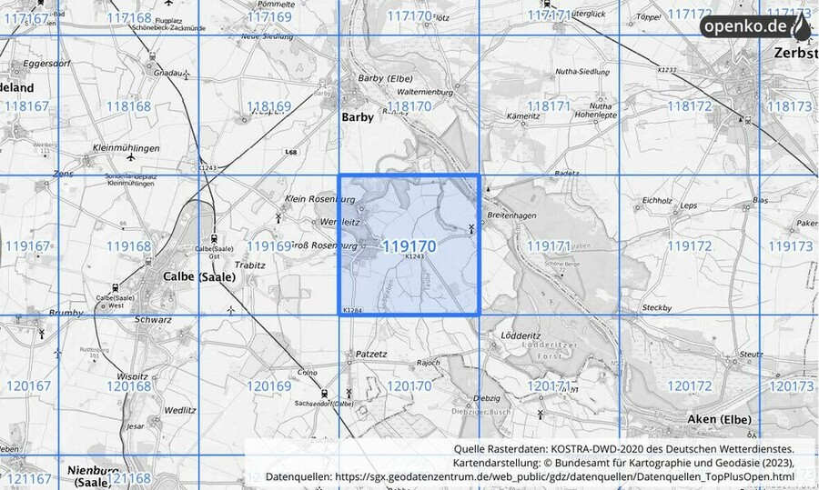 Übersichtskarte des KOSTRA-DWD-2020-Rasterfeldes Nr. 119170