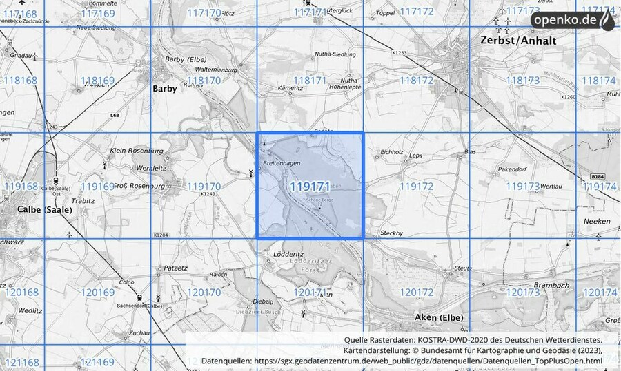 Übersichtskarte des KOSTRA-DWD-2020-Rasterfeldes Nr. 119171