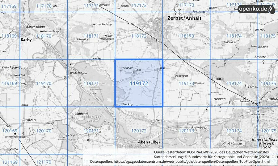 Übersichtskarte des KOSTRA-DWD-2020-Rasterfeldes Nr. 119172