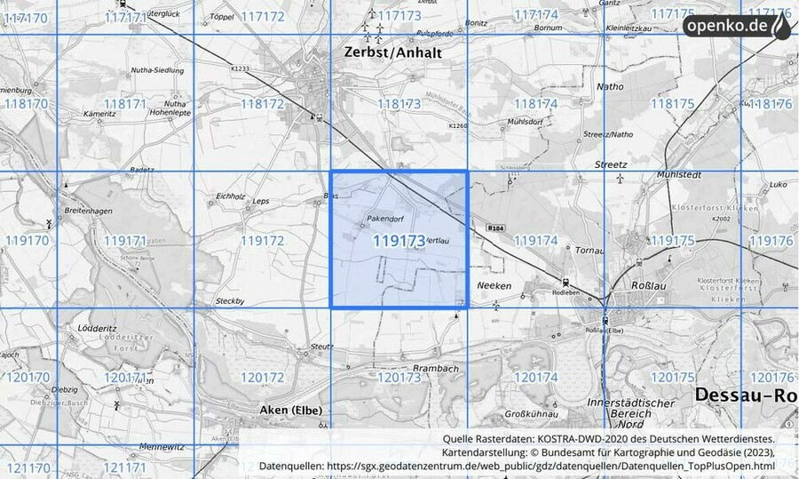 Übersichtskarte des KOSTRA-DWD-2020-Rasterfeldes Nr. 119173