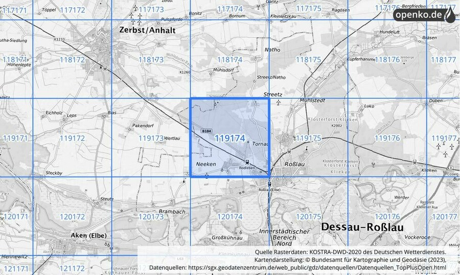 Übersichtskarte des KOSTRA-DWD-2020-Rasterfeldes Nr. 119174