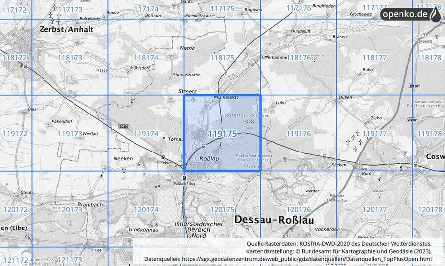 Übersichtskarte des KOSTRA-DWD-2020-Rasterfeldes Nr. 119175