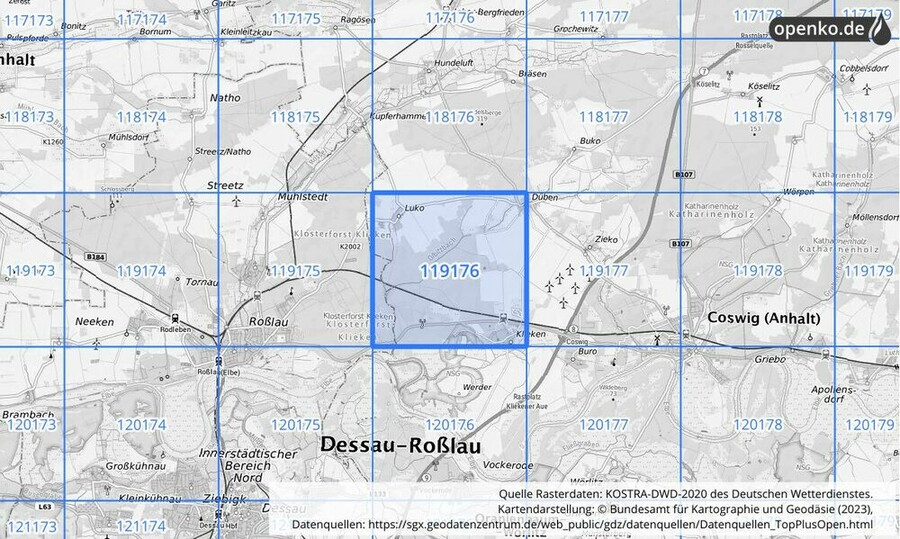 Übersichtskarte des KOSTRA-DWD-2020-Rasterfeldes Nr. 119176