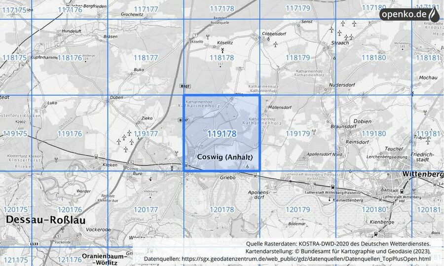 Übersichtskarte des KOSTRA-DWD-2020-Rasterfeldes Nr. 119178