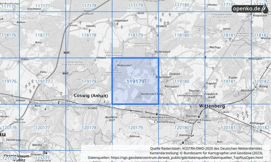 Übersichtskarte des KOSTRA-DWD-2020-Rasterfeldes Nr. 119179