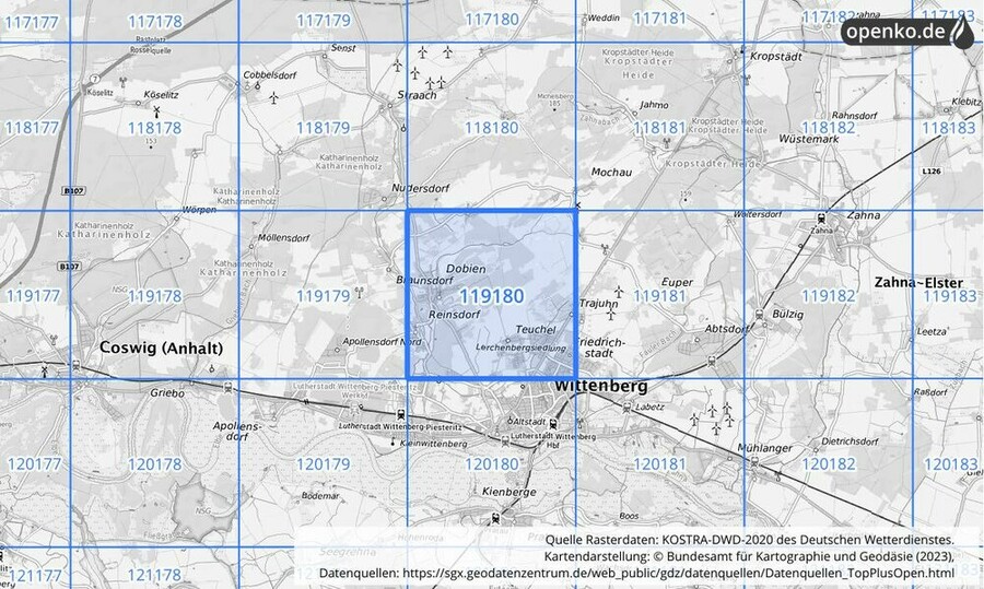 Übersichtskarte des KOSTRA-DWD-2020-Rasterfeldes Nr. 119180