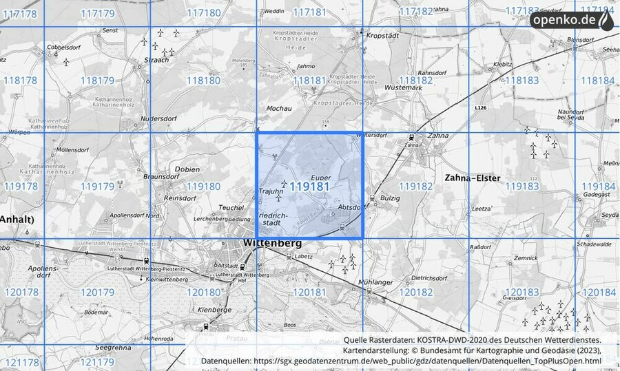 Übersichtskarte des KOSTRA-DWD-2020-Rasterfeldes Nr. 119181