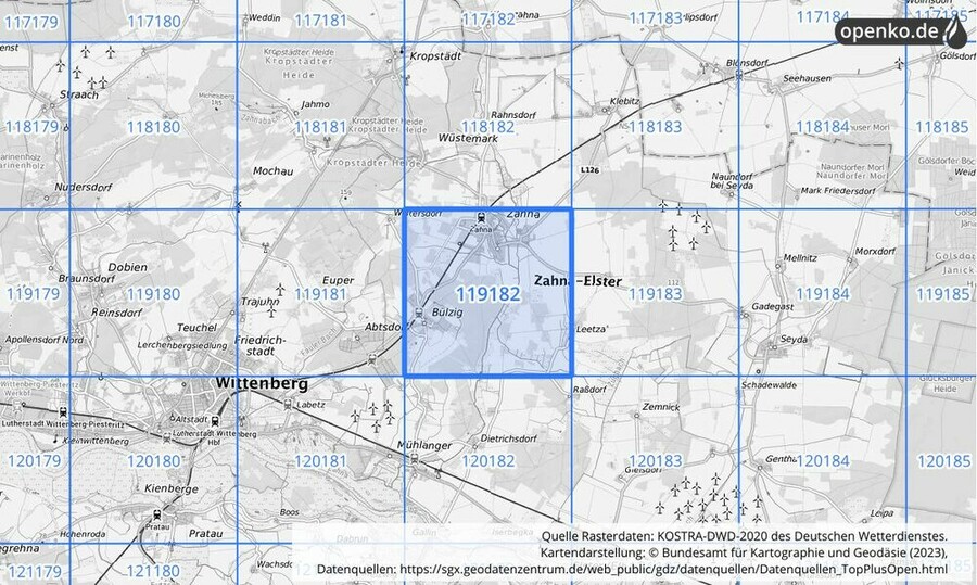 Übersichtskarte des KOSTRA-DWD-2020-Rasterfeldes Nr. 119182