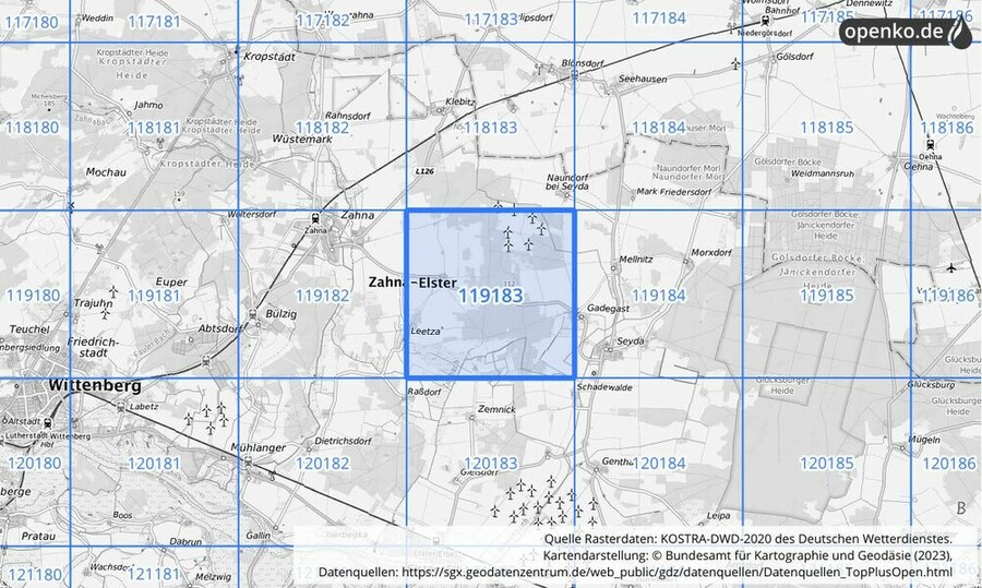 Übersichtskarte des KOSTRA-DWD-2020-Rasterfeldes Nr. 119183
