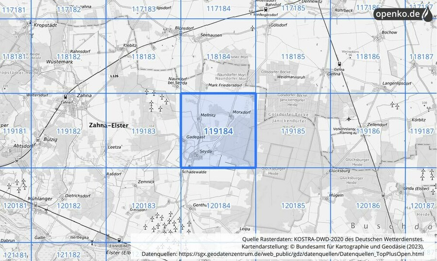 Übersichtskarte des KOSTRA-DWD-2020-Rasterfeldes Nr. 119184