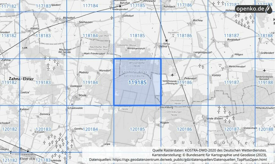 Übersichtskarte des KOSTRA-DWD-2020-Rasterfeldes Nr. 119185