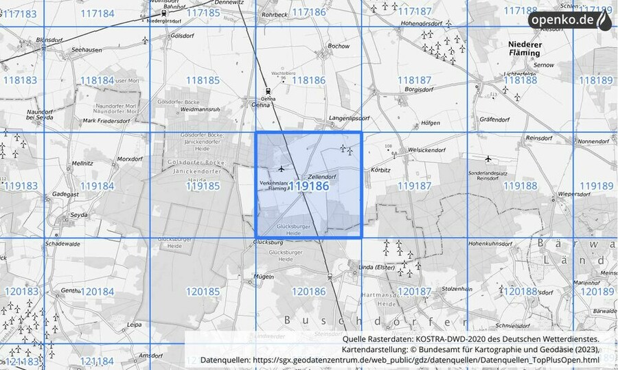 Übersichtskarte des KOSTRA-DWD-2020-Rasterfeldes Nr. 119186