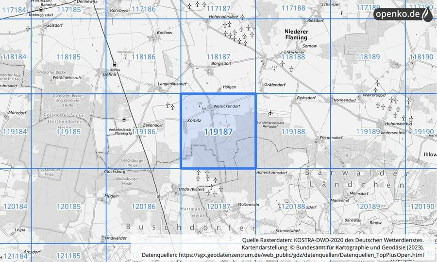 Übersichtskarte des KOSTRA-DWD-2020-Rasterfeldes Nr. 119187