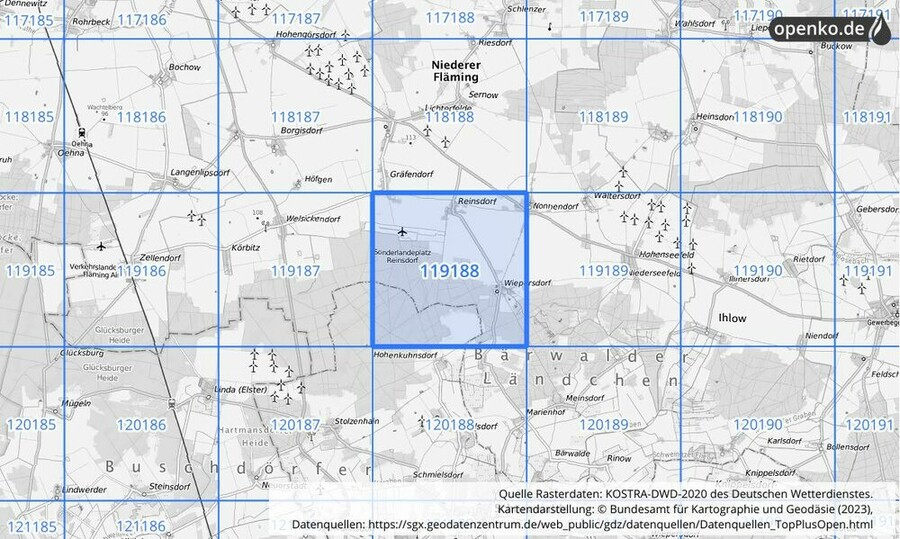 Übersichtskarte des KOSTRA-DWD-2020-Rasterfeldes Nr. 119188