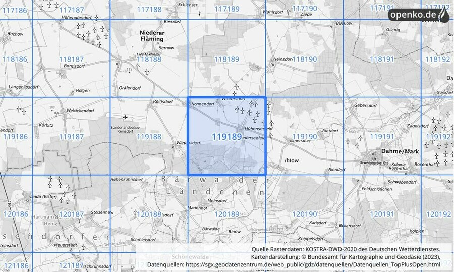 Übersichtskarte des KOSTRA-DWD-2020-Rasterfeldes Nr. 119189