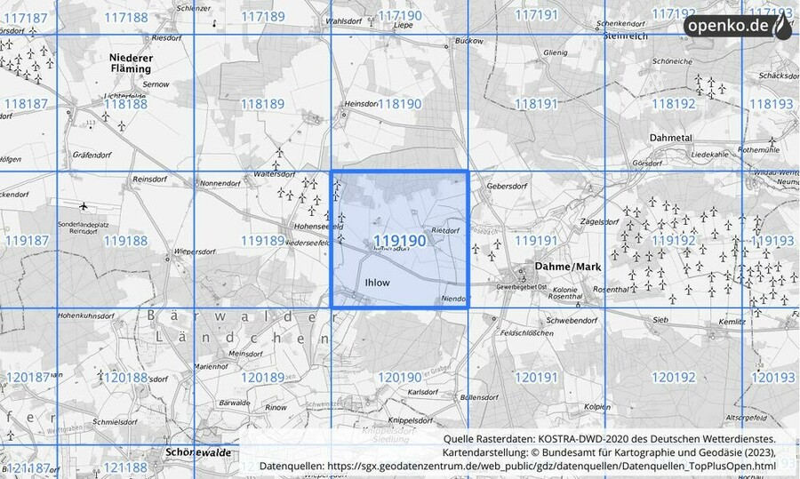 Übersichtskarte des KOSTRA-DWD-2020-Rasterfeldes Nr. 119190