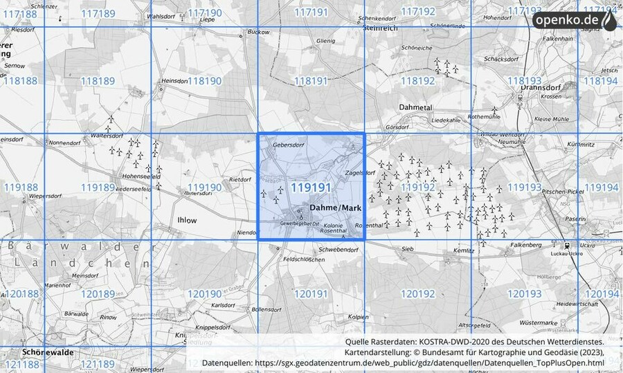 Übersichtskarte des KOSTRA-DWD-2020-Rasterfeldes Nr. 119191