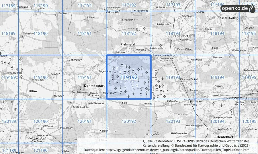 Übersichtskarte des KOSTRA-DWD-2020-Rasterfeldes Nr. 119192