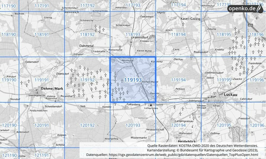 Übersichtskarte des KOSTRA-DWD-2020-Rasterfeldes Nr. 119193