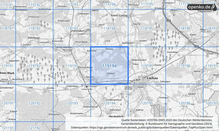 Übersichtskarte des KOSTRA-DWD-2020-Rasterfeldes Nr. 119194