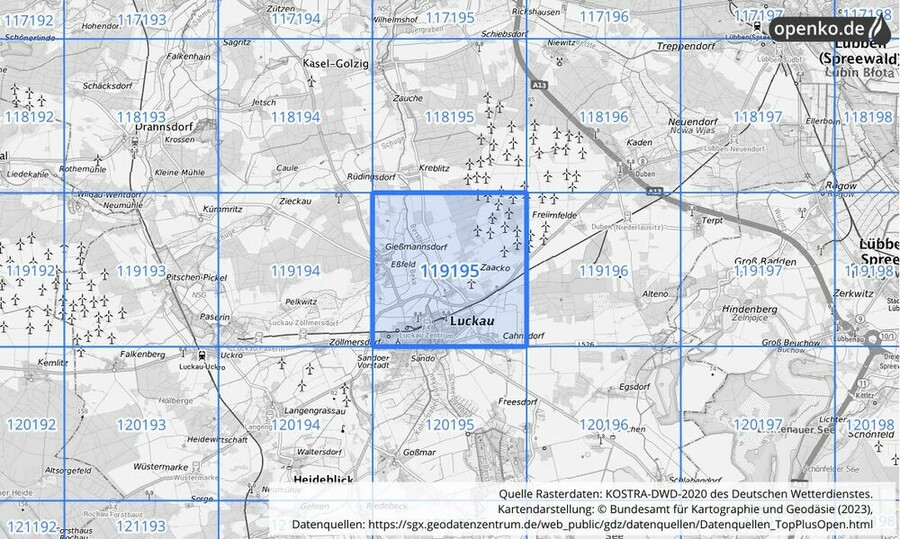 Übersichtskarte des KOSTRA-DWD-2020-Rasterfeldes Nr. 119195