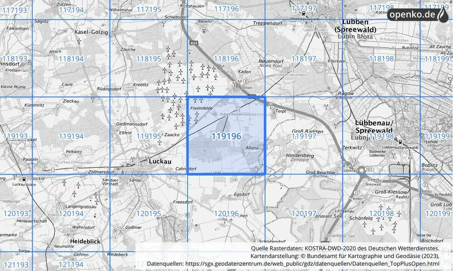 Übersichtskarte des KOSTRA-DWD-2020-Rasterfeldes Nr. 119196