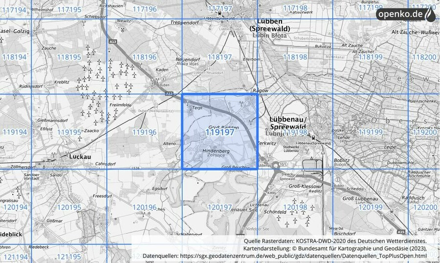 Übersichtskarte des KOSTRA-DWD-2020-Rasterfeldes Nr. 119197