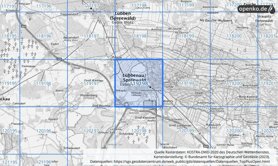 Übersichtskarte des KOSTRA-DWD-2020-Rasterfeldes Nr. 119198