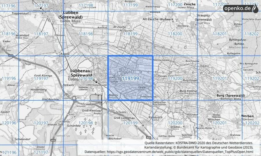 Übersichtskarte des KOSTRA-DWD-2020-Rasterfeldes Nr. 119199