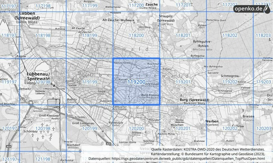 Übersichtskarte des KOSTRA-DWD-2020-Rasterfeldes Nr. 119200