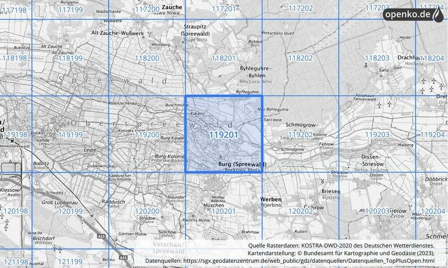 Übersichtskarte des KOSTRA-DWD-2020-Rasterfeldes Nr. 119201