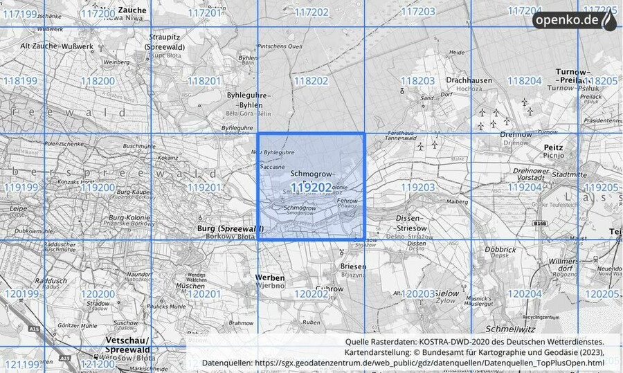 Übersichtskarte des KOSTRA-DWD-2020-Rasterfeldes Nr. 119202