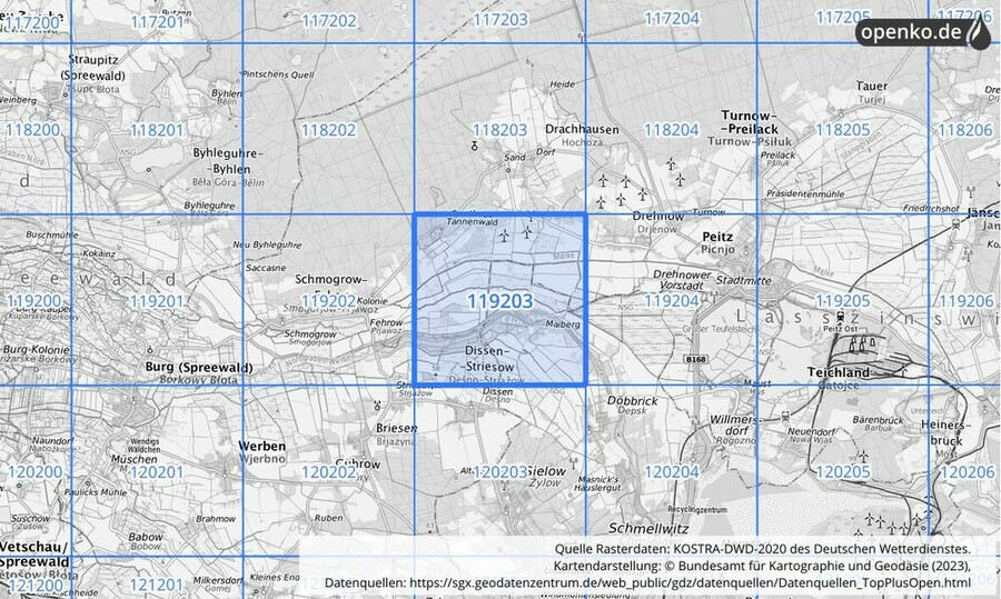 Übersichtskarte des KOSTRA-DWD-2020-Rasterfeldes Nr. 119203