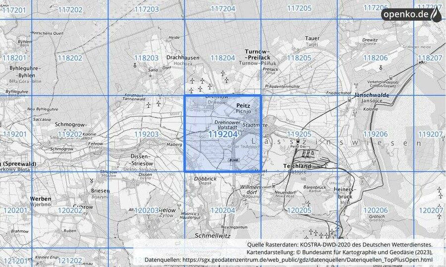 Übersichtskarte des KOSTRA-DWD-2020-Rasterfeldes Nr. 119204