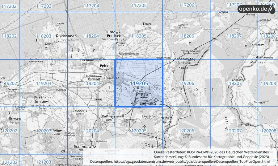 Übersichtskarte des KOSTRA-DWD-2020-Rasterfeldes Nr. 119205